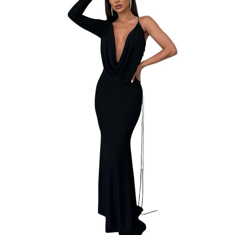 Asymmetrical One Sleeve Solid Color Deep Plunge Neckline Formal Maxi Party Dress to 3X Plus Size