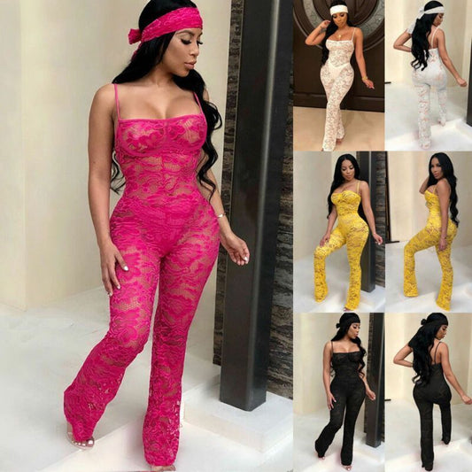 Lace Sheer Sleeveless Transparent Spaghetti Strap Women's Wide Leg Jumpsuit