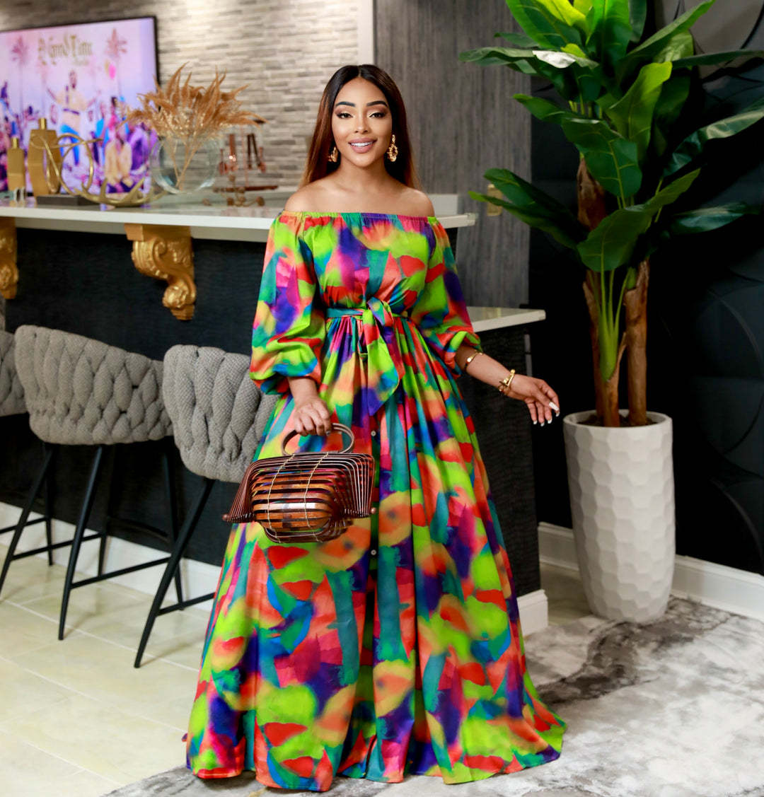 Geometric Multi-Colored Print Off-the-Shoulder Bubble Sleeve Flared Maxi Dress to 3X Plus Size