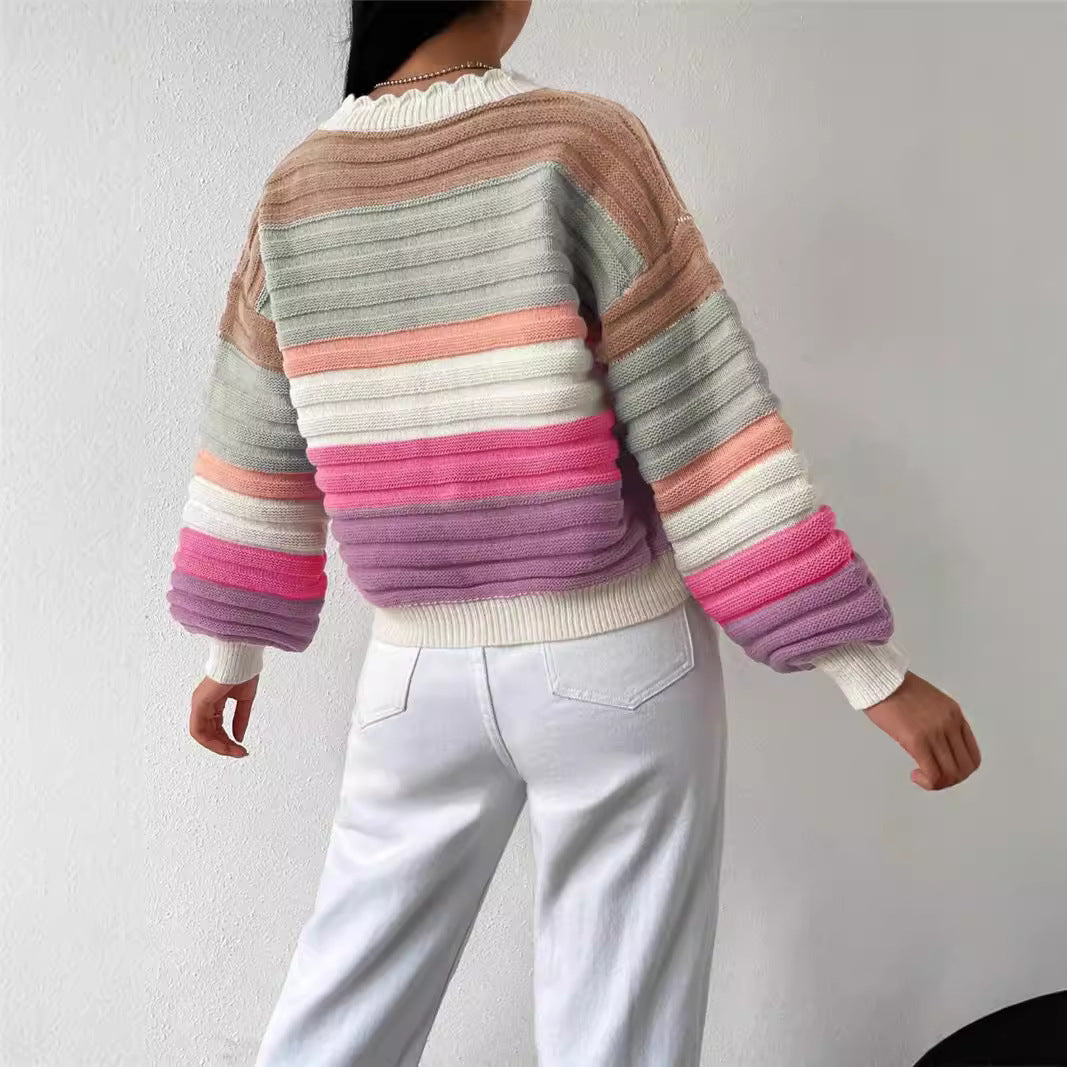 Rainbow Striped Long Lantern Sleeve Knitted Button-Up Cardigan Colorblock Women's Sweater