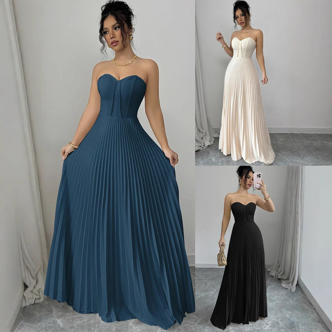 French Sleeveless Pleated Closet Top Solid Color Maxi Formal Tube Dress