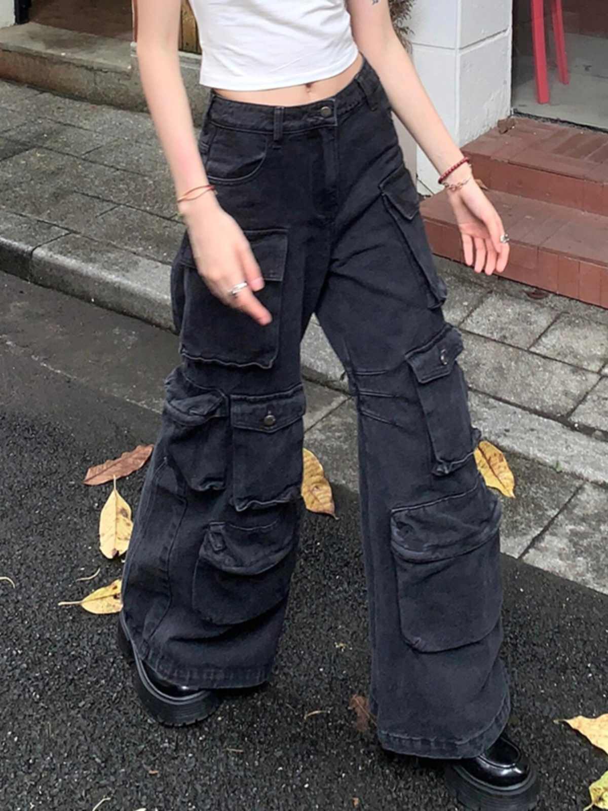 Black Washed Faded  Multi-Pocketed Women's Loose Wide Leg Cargo Jeans to 4X Plus Size