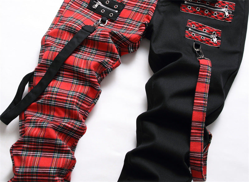 Men's Irregular Plaid Patchwork Black/Red Zipper Design Panelled Colorblock Straight Leg Hip-Hop Skinny Jeans
