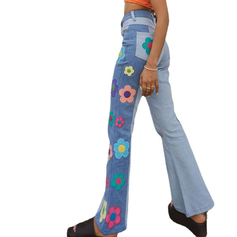 Denim Rainbow Colorblock Big Flower Detail Women's Bootcut Jeans