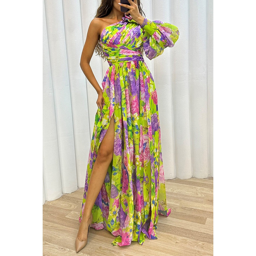 Floral Print Pleated Asymmetrical High Slit One Shoulder Long Sleeve Maxi Dress