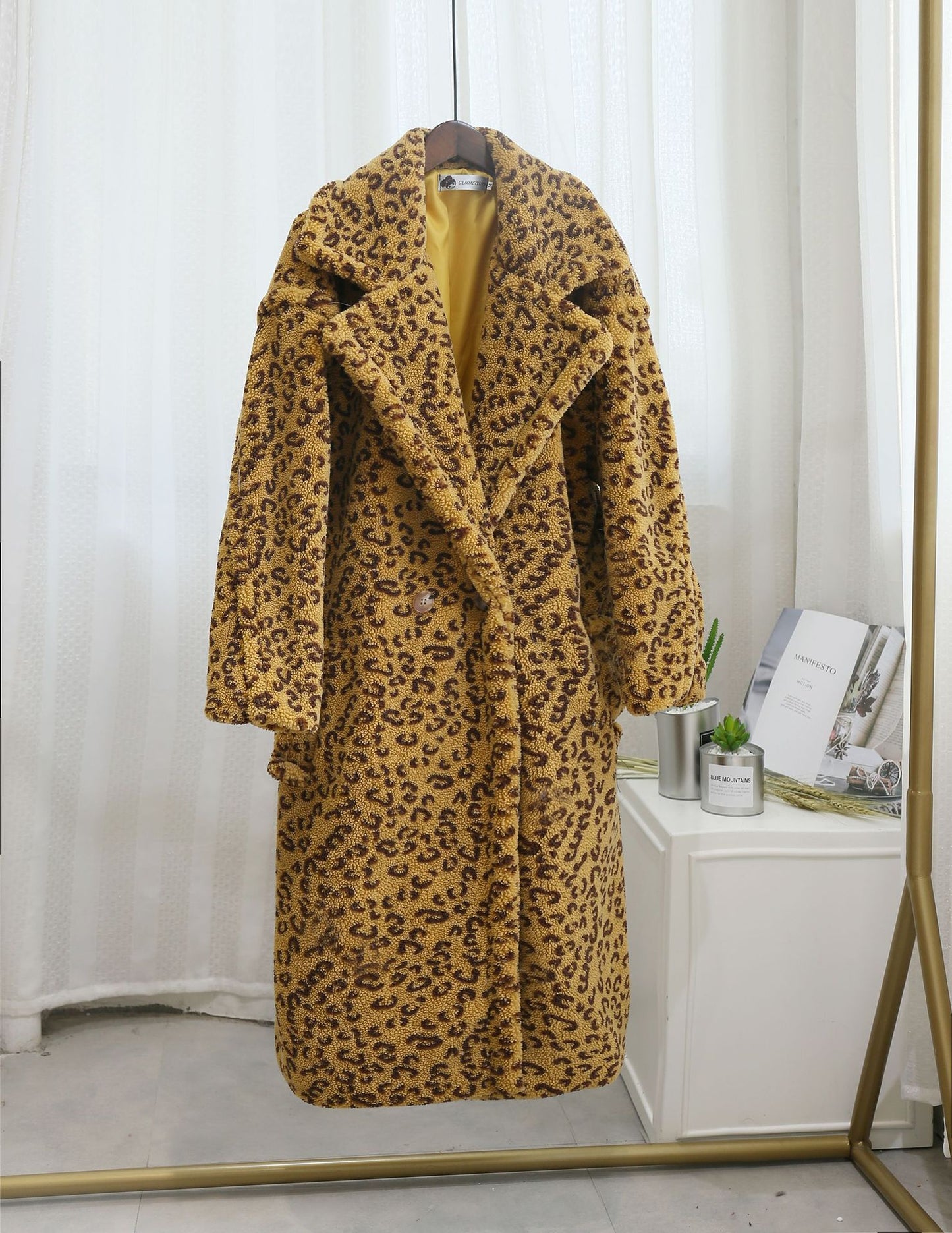 Oversized Leopard Print Plush Faux Sheared Fur Women's Turn-Down Collar Trenchcoat