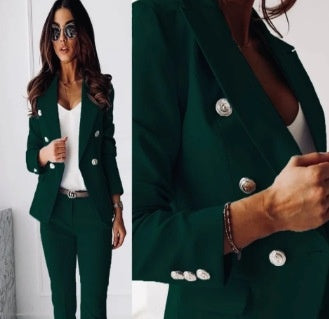 Double Breasted Button-Up Women's Blazer Jacket + Skinny Trouser Pants Women's Office Business Suit