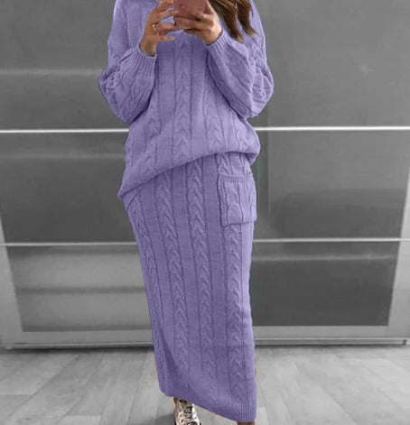 Twisted Weave Pattern Women's Long Sleeve Sweater + Maxi Skirt Knitted 2-Piece Set to 5X Plus Size