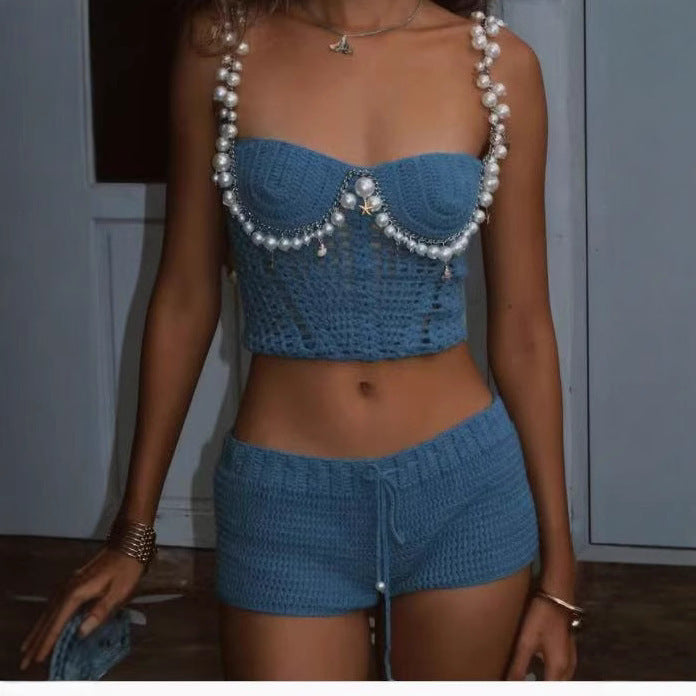 Crochet Pearl Beaded Spaghetti Strap Crop Tank Top + Mini Shorts Women's 2-Piece Knitted Set