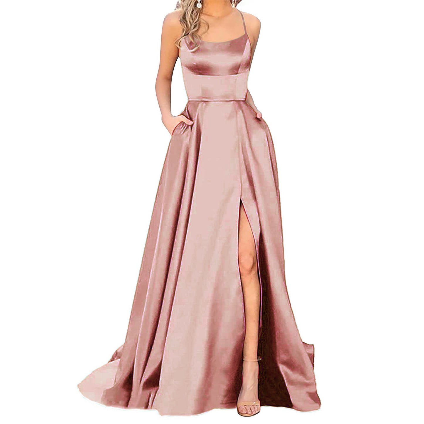 Silk Solid Color Halter Spaghetti Strap High Slit Bridesmaid/Party Formal Dress to 3X Plus Size