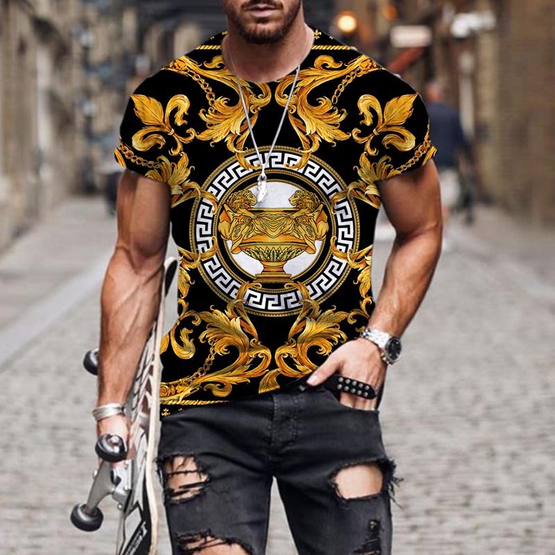 Men's Black/Yellow/Red Baroque Pattern 3D Print 1/2 Sleeve T-Shirt