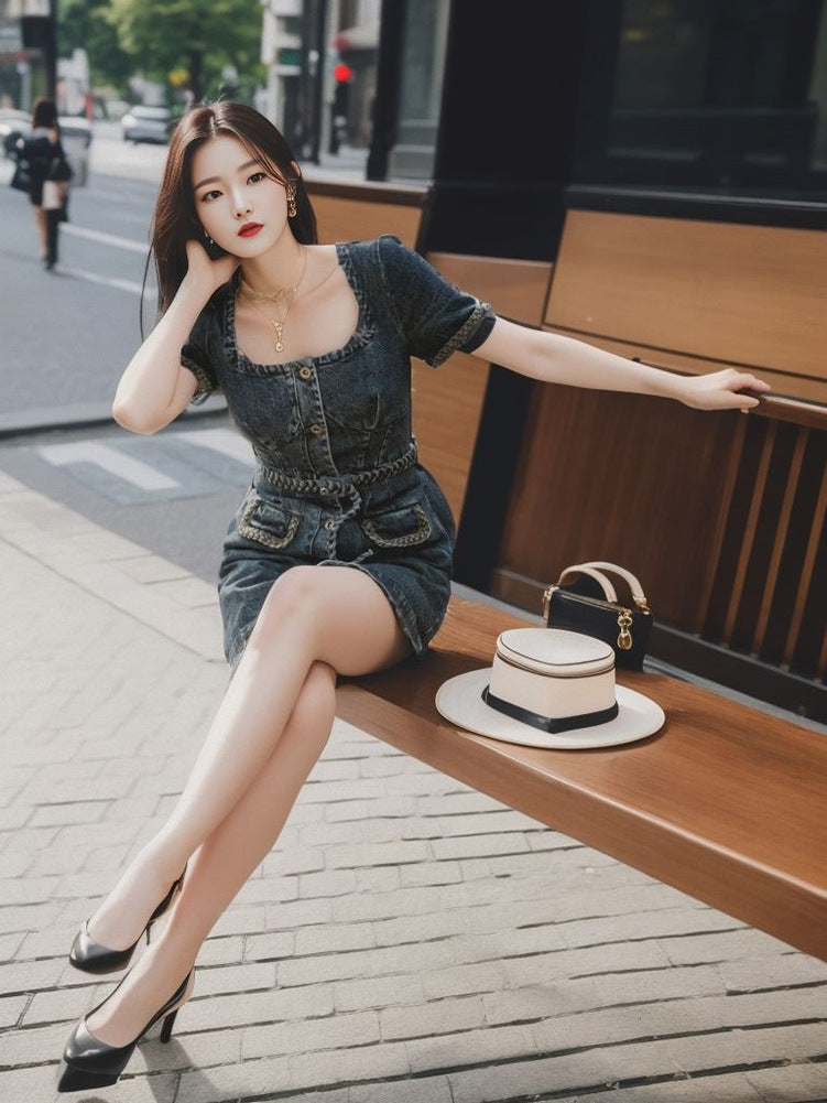 French Style Retro Square Collar Puff Sleeve Slimming Skirt