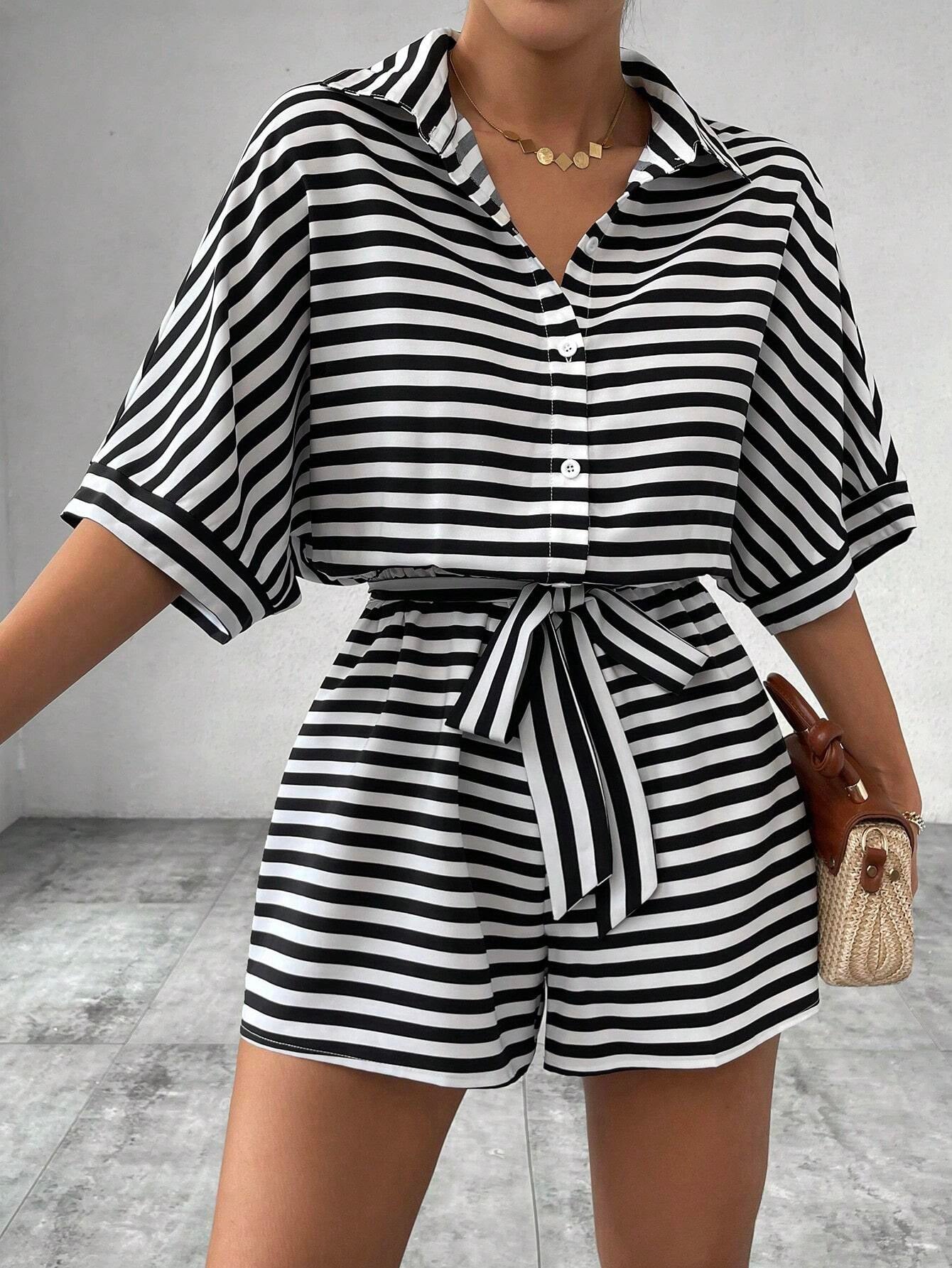Striped Turn-Down Collar Button 1/2 Sleeve Sash Belted Women's Shorts Romper
