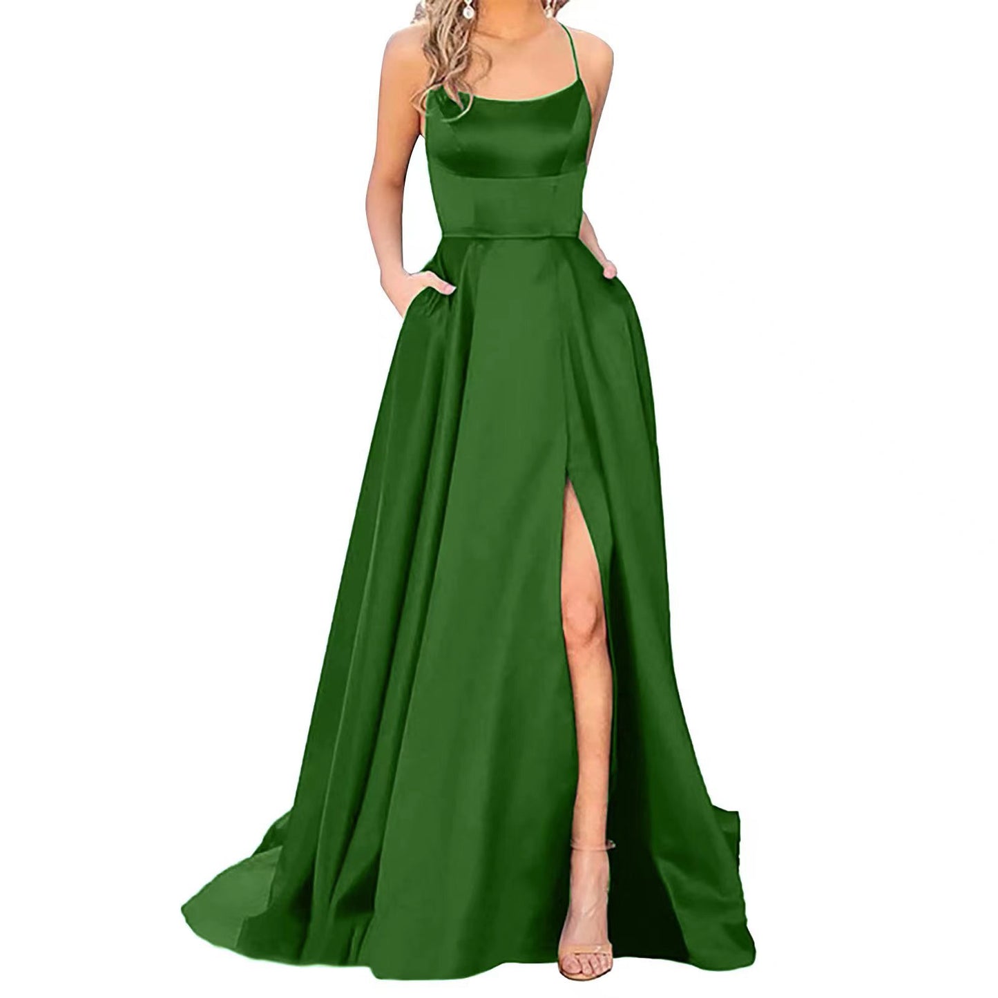 Silk Solid Color Halter Spaghetti Strap High Slit Bridesmaid/Party Formal Dress to 3X Plus Size