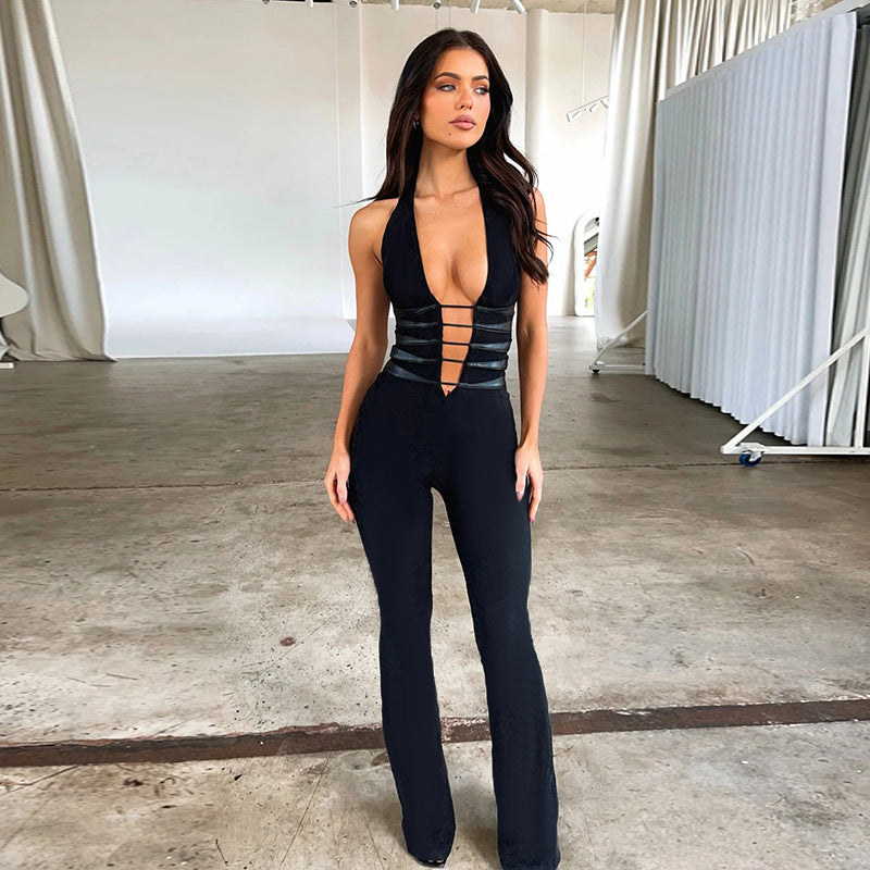 Black Cross Strap Design Sleeveless Hollow-Out Women's Backless Jumpsuit