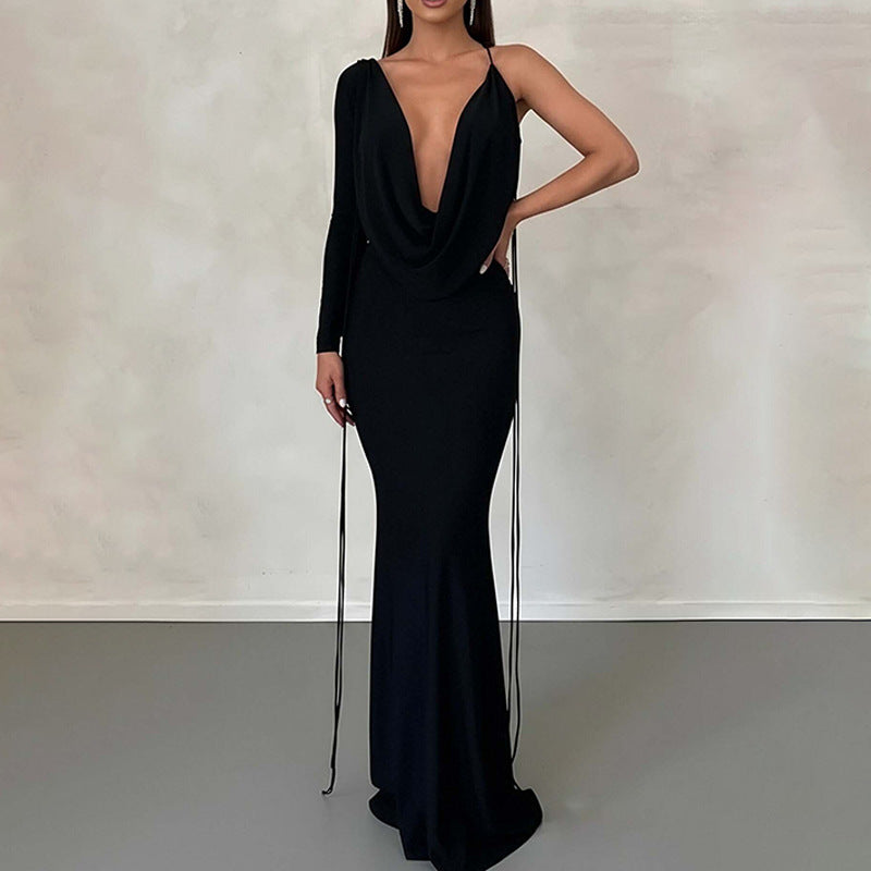 Asymmetrical One Sleeve Solid Color Deep Plunge Neckline Formal Maxi Party Dress to 3X Plus Size