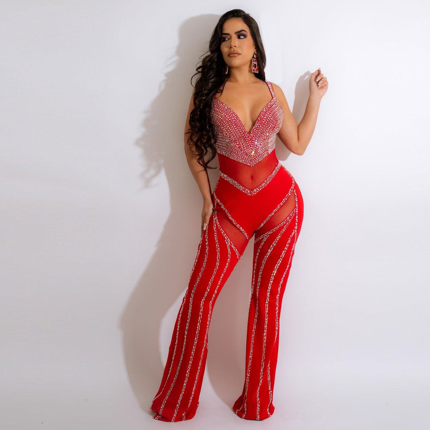 Rhinestone Striped Transparent Sheer Sleeveless Women's Deep V-Neck Party Jumpsuit