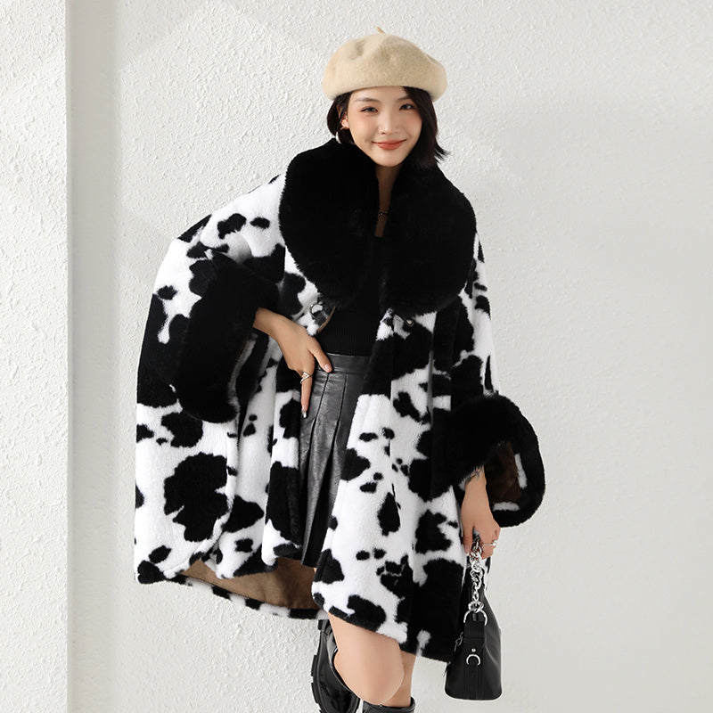 Oversized Faux Fur Collar Zebra/Cowhide/Leopard Print Black/White Women's Shawl Coat
