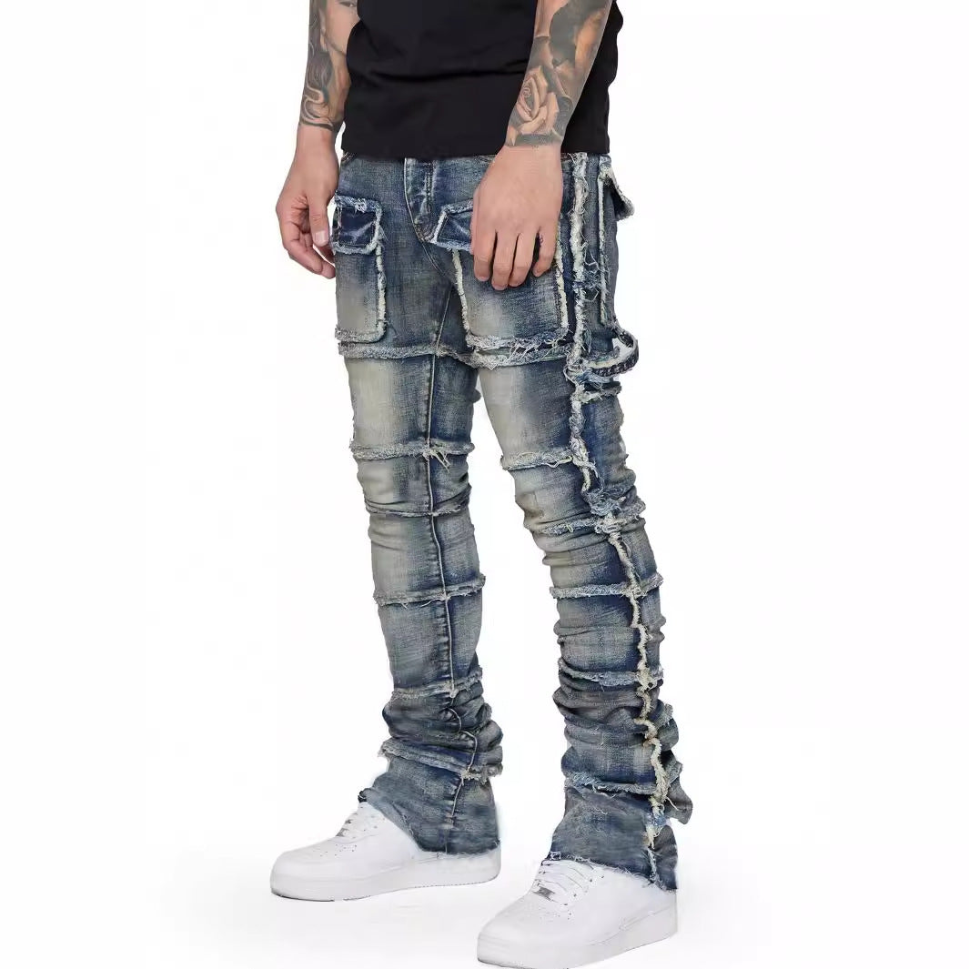 Men's Faded Denim Hip-Hop Tiered Ripped Fringe  Multi-Pocketed Skinny Cargo Jeans