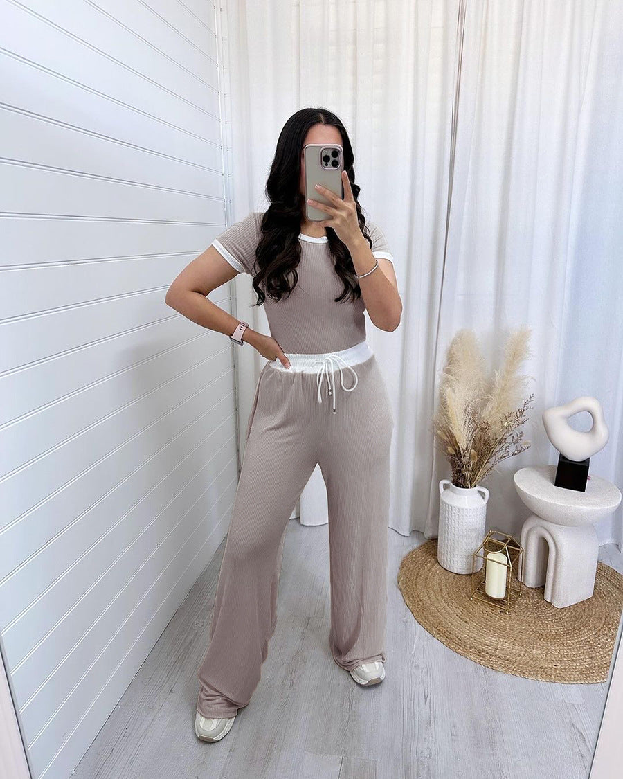Side Striped Colorblock O-Neck Women's Short Sleeve T-Shirt + Drawstring Wide Leg Pants 2-Piece Set