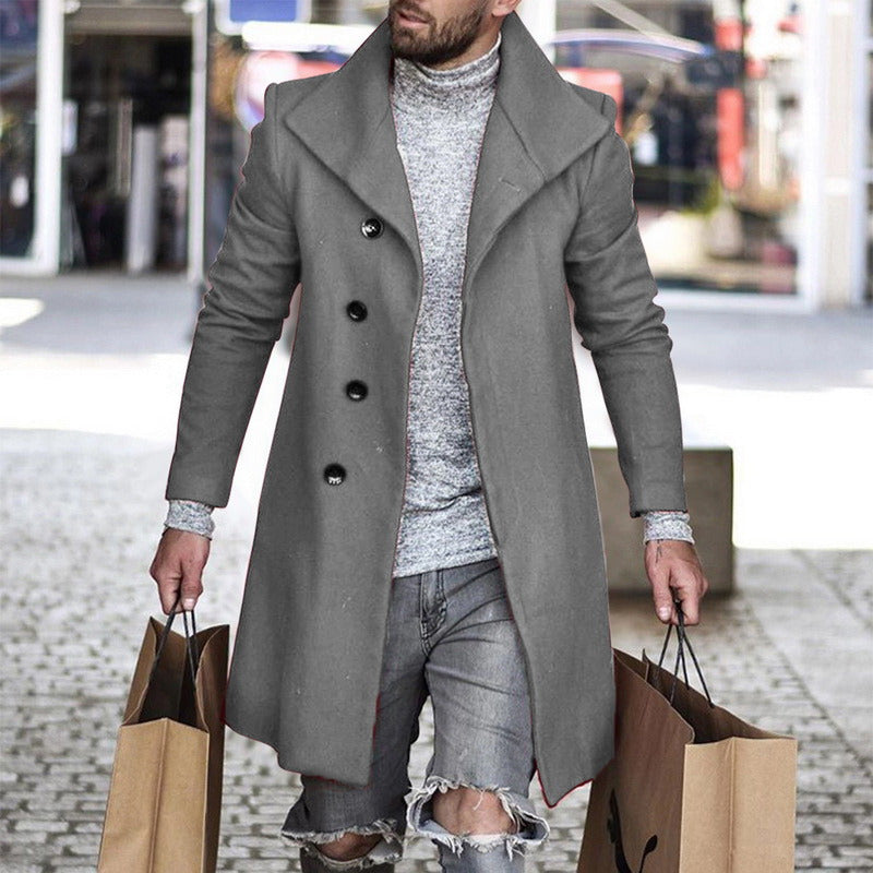 Men's Plaid/Solid Color Turn-Down Collar Button-Up 3/4 Length Pea Coats