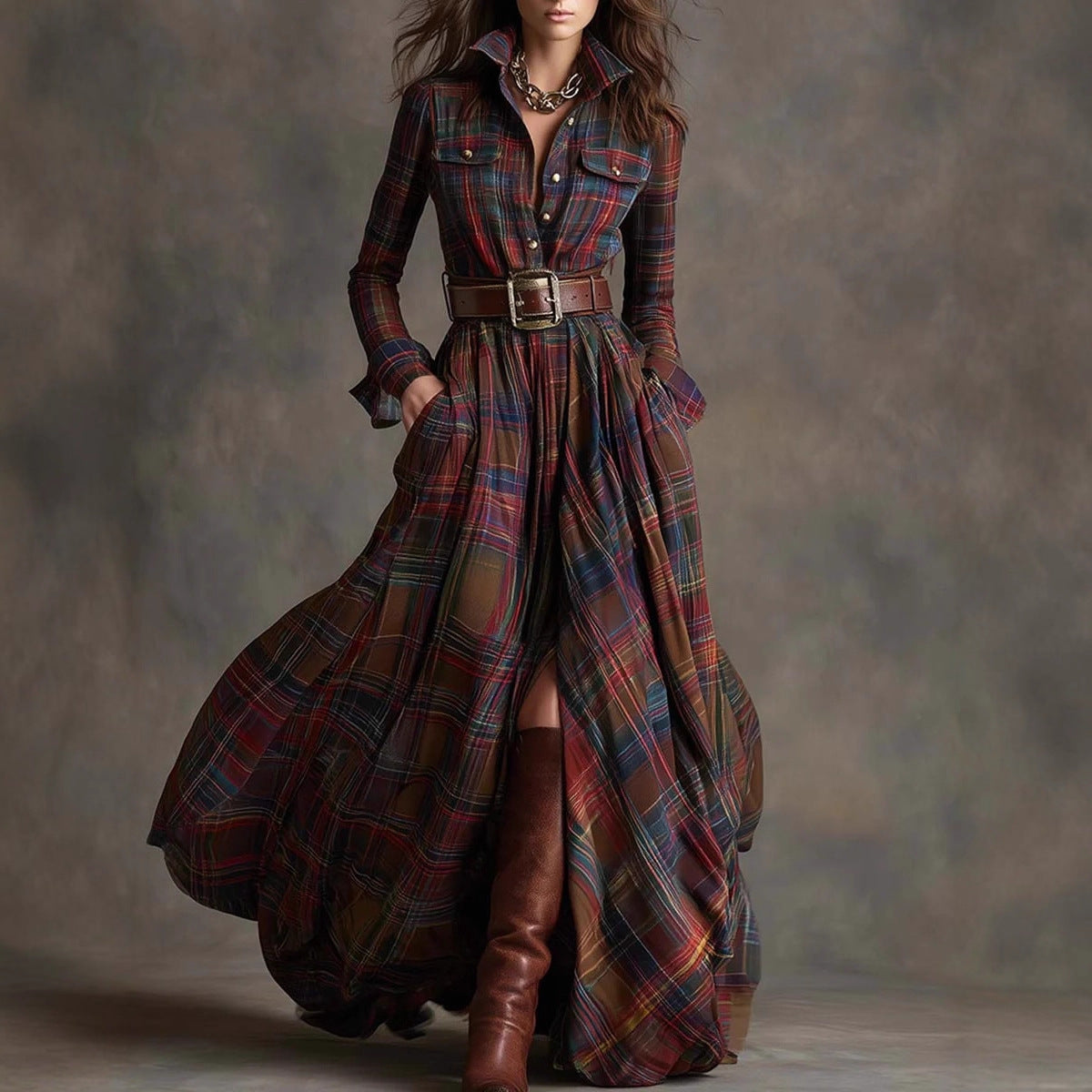 Oversized Plaid Print Long Sleeve Pocketed Turn-Down Collar Button-Up Big Swing Maxi Dress to 4X Plus Size