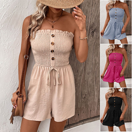Waffle Pattern Tube Top Design Women's Solid Color Button-Up Strapless Drawstring Shorts Romper