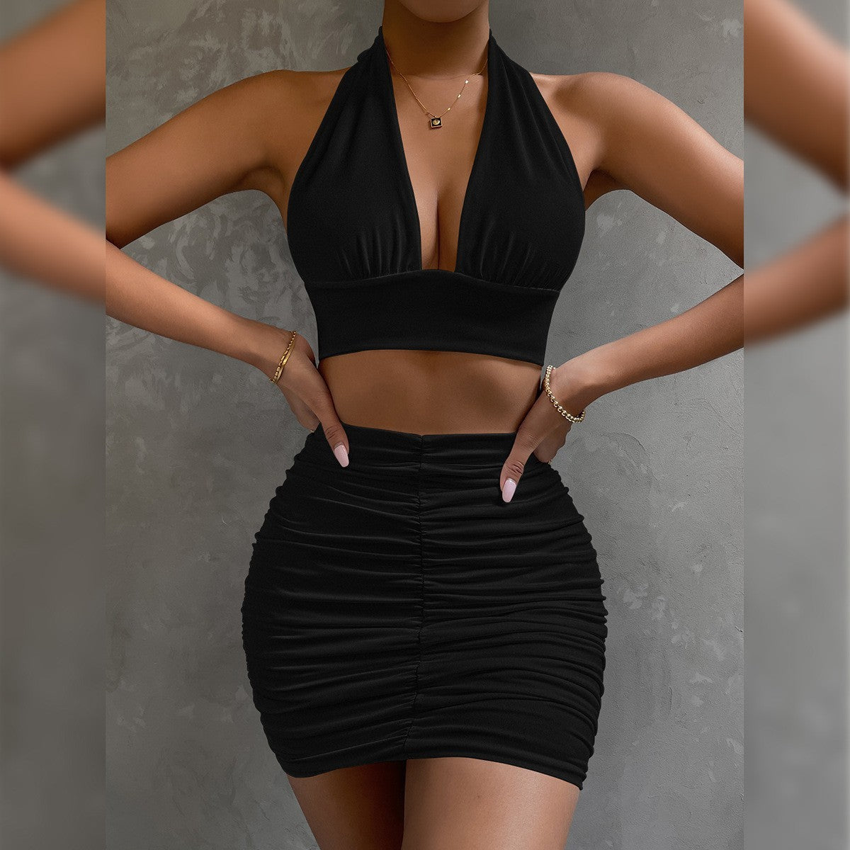 Sleeveless Solid Deep Plunge V-Neck Halter Lace-Up Crop Top + Pleated Mini Skirt 2-Piece Set