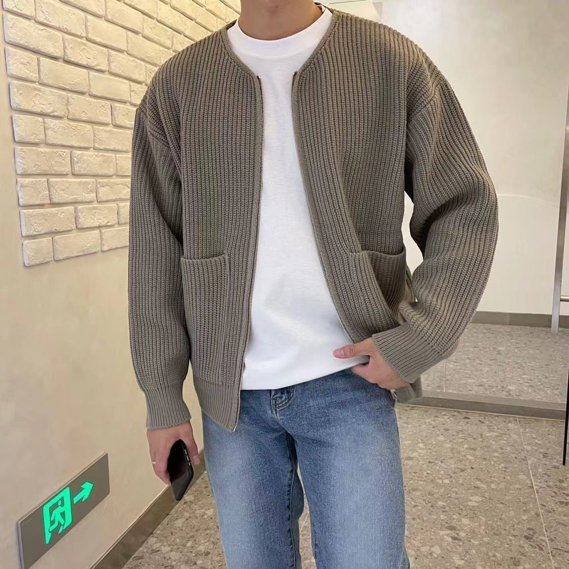 Men's Knitted Lined Funnel Neck Pocketed Zipper Cardigan Sweater Jacket