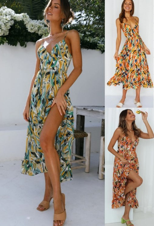 Bohemian Geometric Floral Print Spaghetti Strap High Slit Backless Maxi Sundress