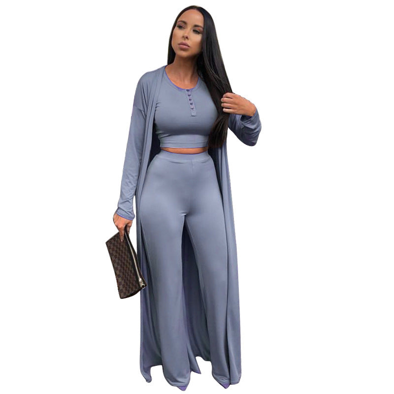 Open Solid Color Women's Maxi Cardigan + Button-Up Crop Top + Elastic Waist Leggings 3-Piece Set