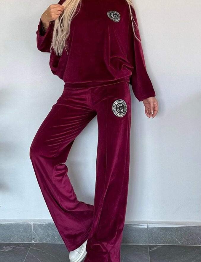 Velvet Solid Color O-Neck Long Batwing Sleeve Sweatshirt + Sweatpants Women Tracksuit to 3X Plus Size