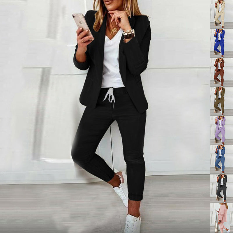 Single Breasted Solid Color Blazer Jacket + Drawstring Pants Women's 2-Piece Office Suit to 3X Plus Size