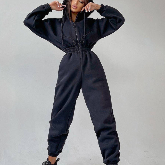 Drawstring Women's Elastic Waist Long Sleeve Hoodie Jumpsuit