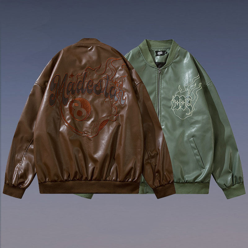 Men's PU Leather Loose Baseball Hip-Hop Turn-Down Collar Zipper Bomber Jacket