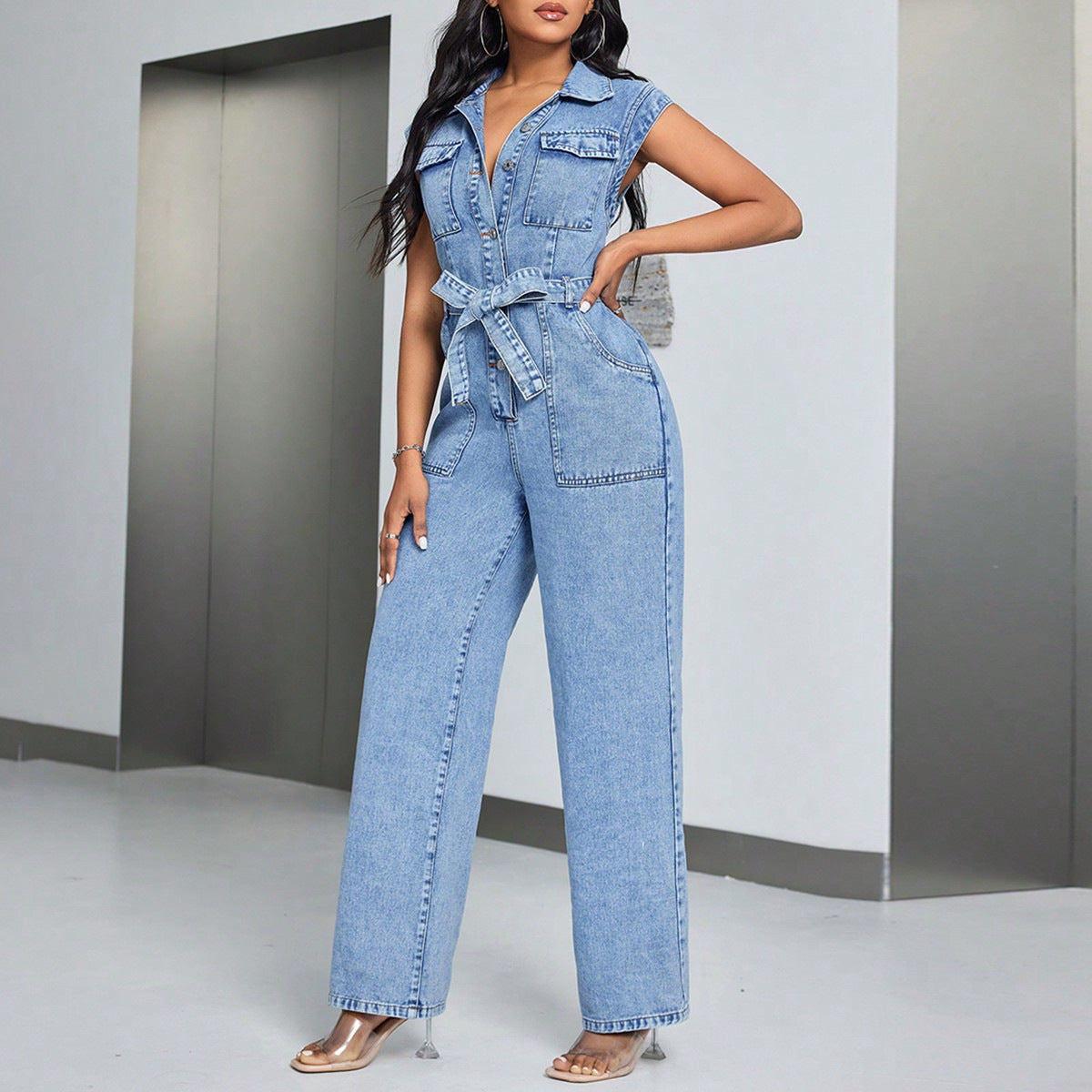 Denim Faded Blue Sleeveless Cargo Multi-Pocketed Trouser Jeans Jumpsuit