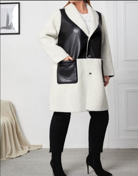 Colorblock Black/White Long Sleeve Loose Women's Commuter Faux Leather Coat to 3X Plus Size