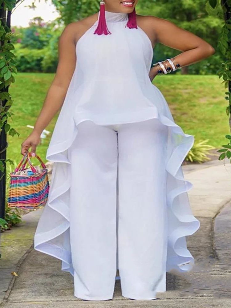 White Ruffled Sleeveless Oversized Women's Temperament Party Maxi Blouse