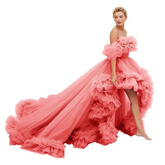 Oversized Ruffled High Low Tulle Off-the-Shoulder Long Tail Party/Prom/ Photoshoot Evening Gown Formal Dress