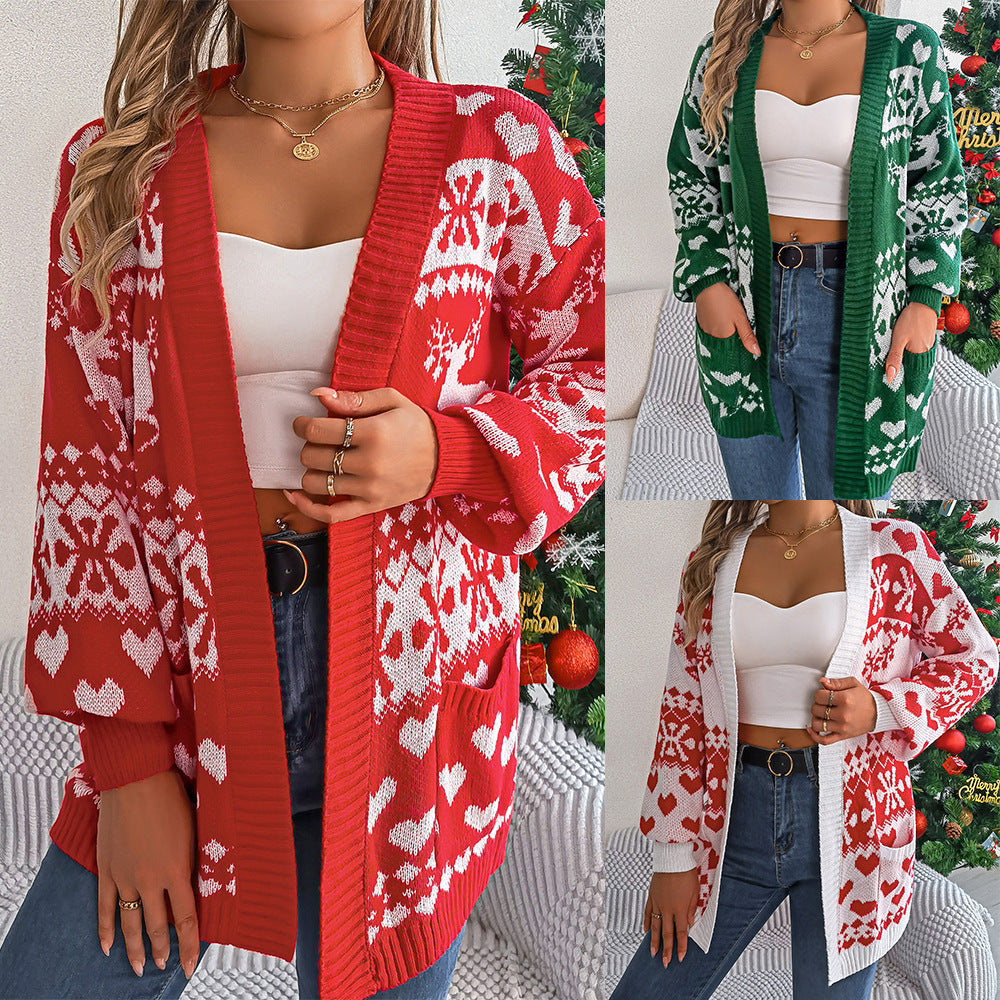 Knitted Christmas Reindeer Women's Printed Open Front Lantern Sleeve Oversized Pocketed Sweater