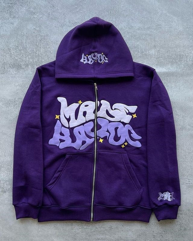 Men's Squiggly Letter Print Zipper Hoodie Sweatshirt