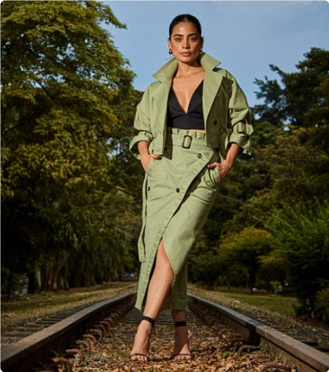 Irregular Short Sleeve Turn-Down Collar Safari Zipper Jacket + High Slit Wrapped Cargo Pocketed Skirt Women's 2-Piece Set
