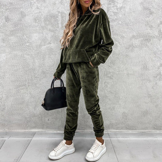 Velvet Pocketed Solid Color Women's Pullover Hoodie Sweatshirt + Sweatpants Tracksuit