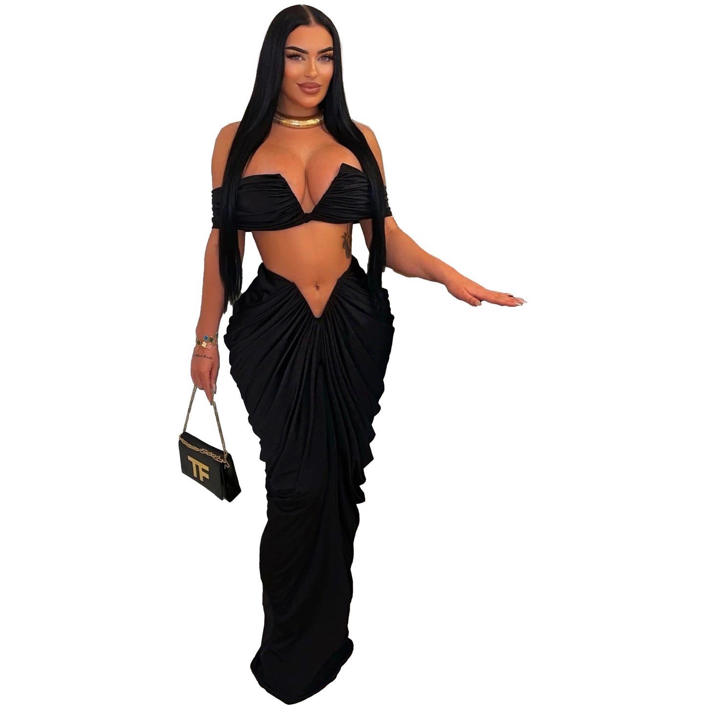 Sleeveless Off-the-Shoulder Crop Tube Top + Ruched Pleated Maxi Skirt 2-Piece Set