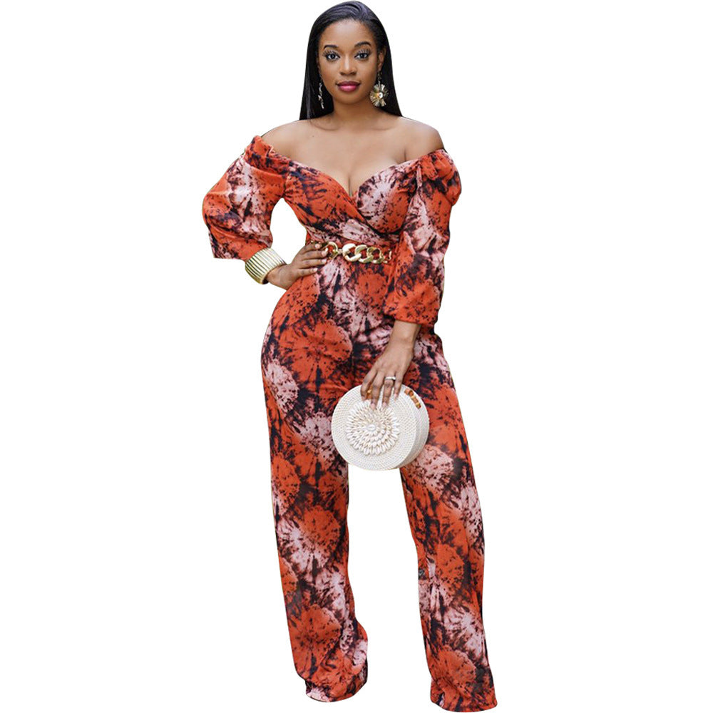 Floral Print Puff Sleeve Off-the-Shoulder V-Neck Long Sleeve Jumpsuit