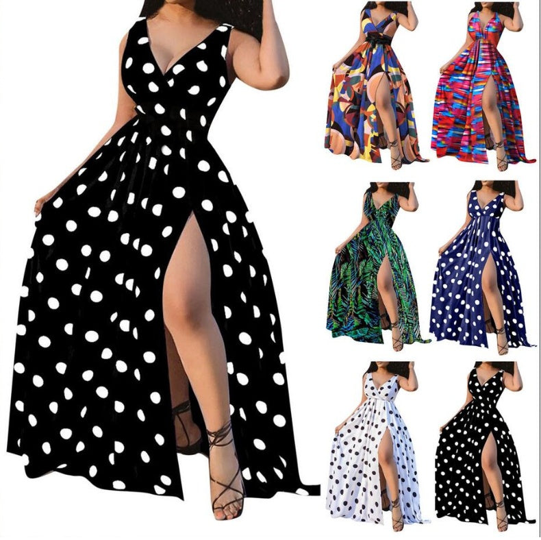 Polka Dot V-Neck Wrapped Sleeveless High Slit Maxi Dress