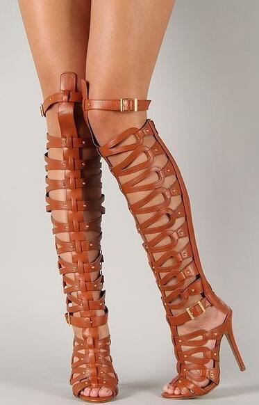 Hollow-Out Punk Rivet Design Open Toe High Heel Boots