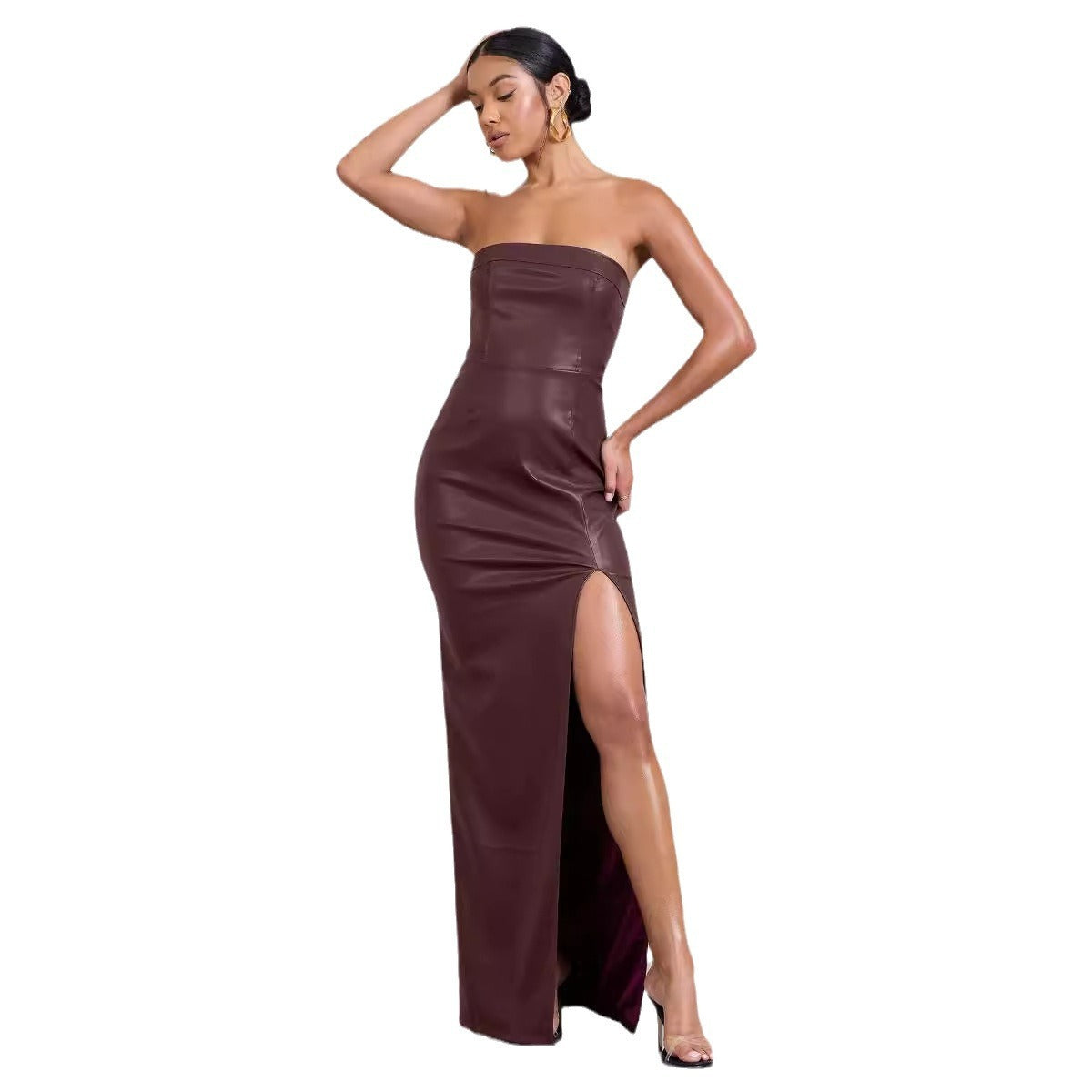 PU Leather Sleeveless Solid Color High Slit Maxi Tube Top Dress