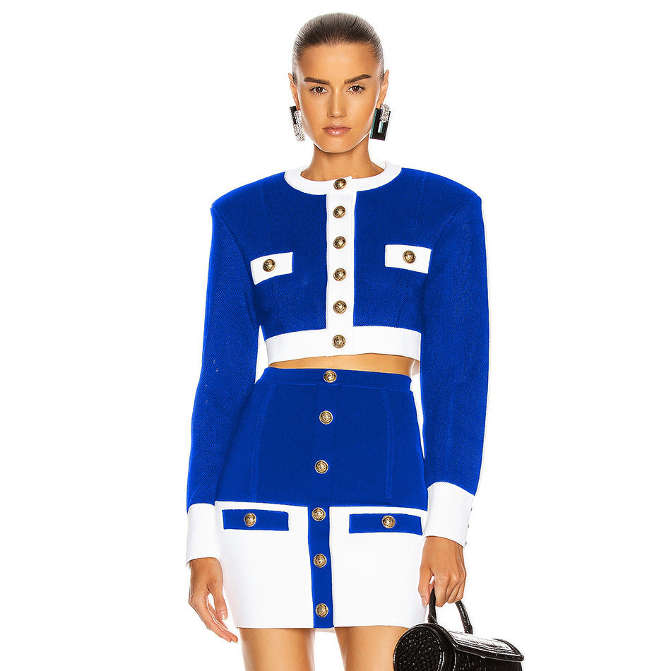 Gold Button Detail Double Pocket Design 2-Tone Colorblock Short Knitted Cardigan Sweater + Mini Skirt Women's 2-Piece Knitted Suit