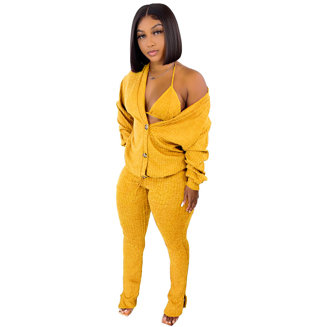 Ribbed Button-Up Women's Cardigan Pocketed Sweater + Matching Bra + Leggings 3-Piece Set